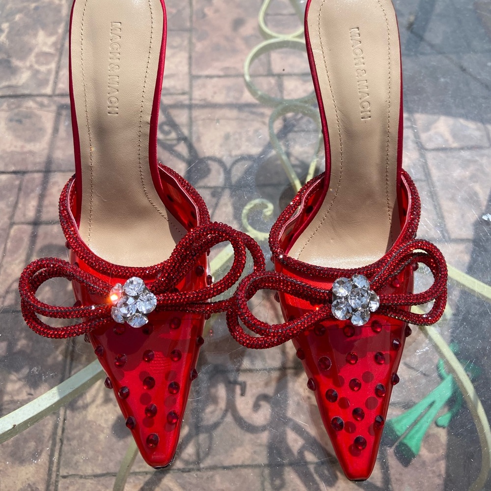 MACH & MACH *not authenticated* high heel stiletto ruby red with sparkles & bows